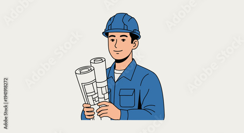 Confident Young Architect Holding Blueprints in Hard Hat