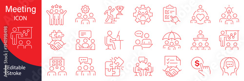 Meeting in line style set. Editable web icons for conference, business meeting, discussion, planning, event, teamwork, seminar etc. Vector illustration