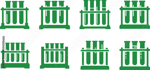 Set of green laboratory test tube racks with various filled and empty test tubes isolated on transparent background