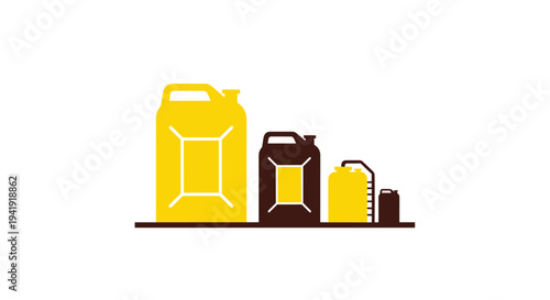 Four distinct jerry cans of varying sizes are arranged horizontally on a brown base against a clean white background.