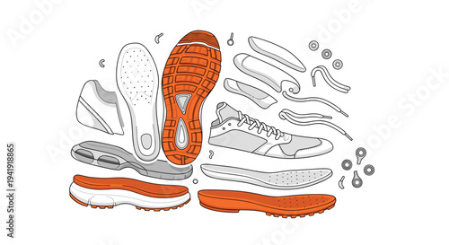 Multiple shoe components in white, grey, and orange are scattered across a clean white background, showcasing various footwear parts.