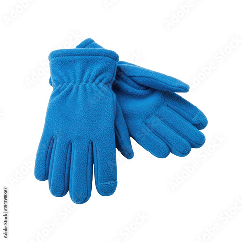 Blue Fleece Gloves Folded Together on White Background isolated on a transparent background