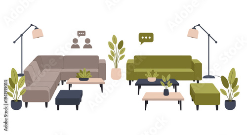 Modern living room interior with minimalist furniture and indoor plants