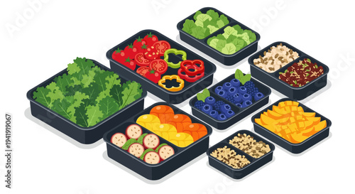 Colorful assorted food containers with fresh fruits and vegetables in isometric style