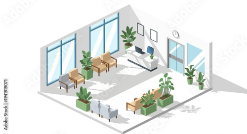 Modern isometric office reception with plants and minimalist furniture design