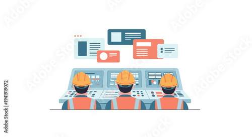 Control room team monitoring operations in flat design