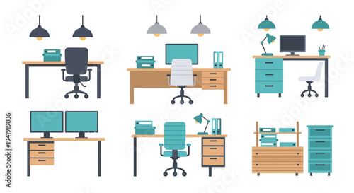 Modern office furniture set featuring desks, chairs, and shelving in a flat design style
