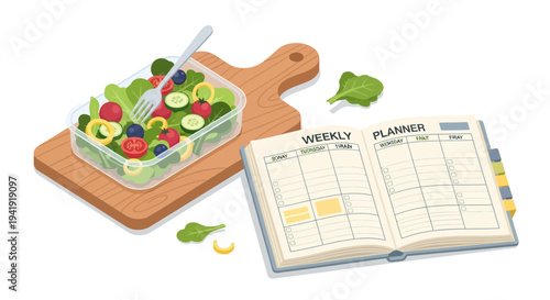 Healthy meal prep with weekly planner on wooden board in isometric style