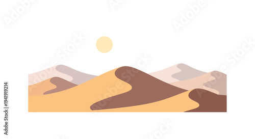 Minimalist desert landscape with sun and sand dunes in soft pastel tones