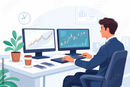 Vector illustration of a professional businessman or stock market trader analyzing financial data and candlestick charts on multiple computer monitors at his office desk in a flat design style.