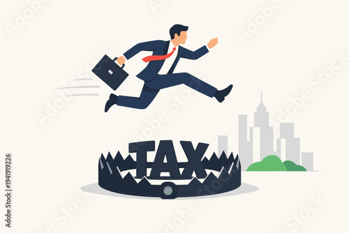 Businessman in a suit jumping over a bear trap labeled TAX, symbolizing tax avoidance, corporate financial planning, and overcoming fiscal hurdles in a professional flat vector illustration.