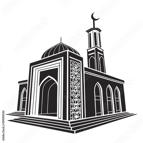 Black and white illustration of a mosque with a crescent moon on top girl avatar