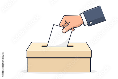 Flat vector illustration of a hand in a business suit sleeve inserting a white ballot paper into a wooden voting box, representing democracy, elections, political choice, and civic duty.