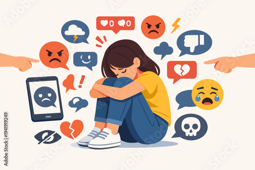 Sad young girl sitting on the floor, victim of cyberbullying on social media, surrounded by negative comments, angry emojis, broken hearts, and pointing fingers, representing online harassment.