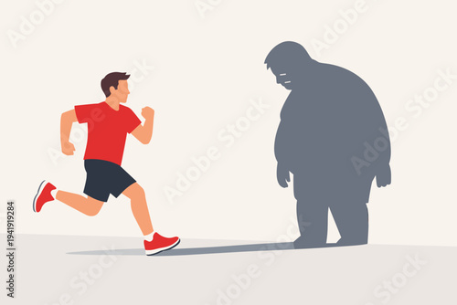 Vector illustration of a fit man in a red shirt running away from his large, sad, obese shadow on a wall, symbolizing a weight loss journey, fitness motivation, and overcoming obesity healthily.