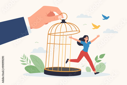 Vector illustration of a giant hand lifting a birdcage to release a happy woman. Concept of freedom, liberation, escaping imprisonment, and empowerment. Simple flat design for business and life.