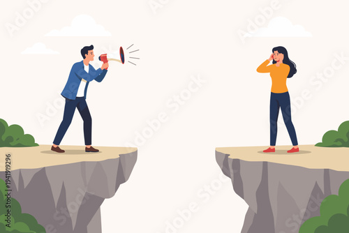 Vector Illustration of a Man Standing on a Cliff Edge Screaming Through a Megaphone to a Woman on the Opposite Side, Representing a Communication Gap, Relationship Conflict, and Social Distance.
