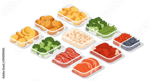Isometric food storage: fresh ingredients in transparent containers
