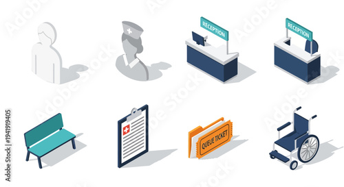 Isometric icons of healthcare reception elements and hospital equipment