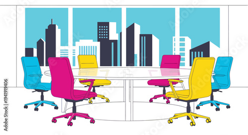 Colorful modern office with cityscape view: a stylish and vibrant workspace