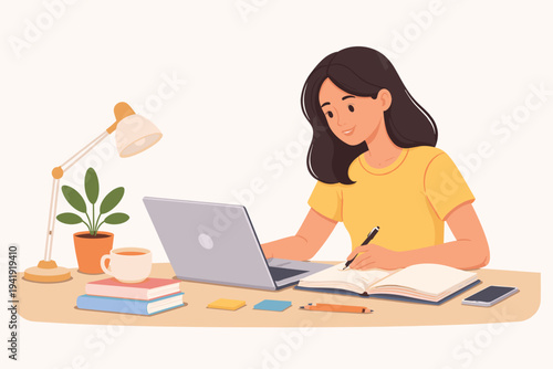Young Woman Working on Laptop and Writing in Notebook at Desk, Home Office Setup with Lamp, Plant, and Coffee, Flat Vector Illustration of Student Studying, Freelancer, or Remote Worker at Home.