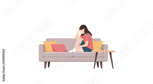 Woman sitting on a sofa in a minimalist living room setting with colorful cushions
