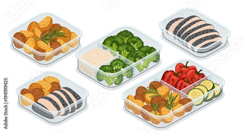 Healthy meal prep: diverse containers with vegetables and protein in isometric style