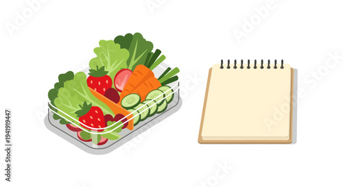 Healthy meal prep: fresh vegetables in container with notepad for planning
