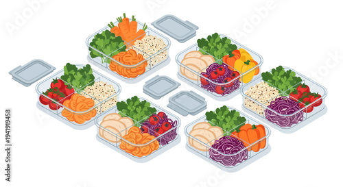 Meal prep containers with healthy ingredients arranged in an isometric style