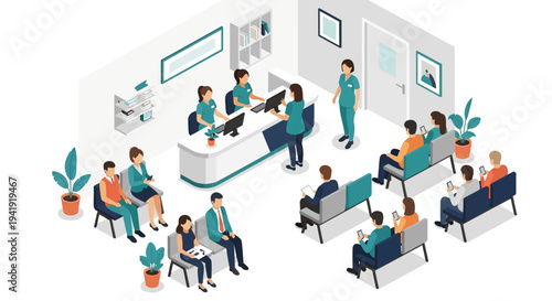 Isometric medical waiting room with staff and patients in healthcare facility