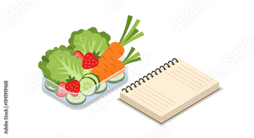 Isometric packed lunchbox with fresh vegetables and notebook for healthy meal planning