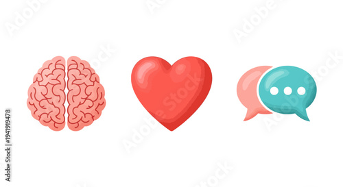 Brain heart chat bubbles: 3d symbols of intelligence, emotion, and communication
