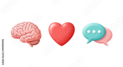 Colorful 3d icons: brain, heart, and speech bubbles evoking thought, emotion, and communication