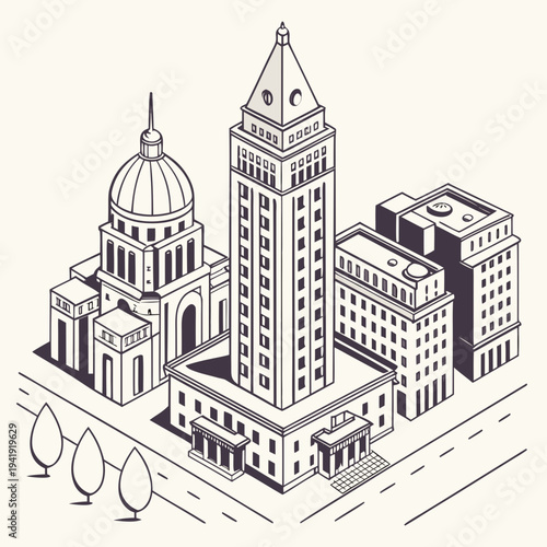 Isometric illustration of a city skyline with diverse buildings including a domed structure and skyscrapers