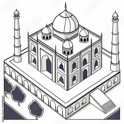 Isometric line art illustration of the taj mahal, a famous mausoleum in agra, india, with a white background