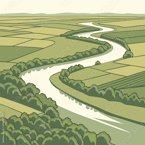 Stylized aerial view of a winding river through fertile green farmland with lush trees along the banks