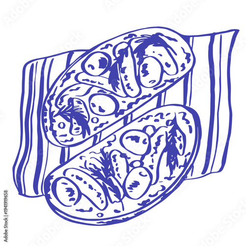 Blue line illustration of two Mediterranean sandwiches on a striped napkin, showing layered filling with olives and leafy ingredients. Rustic food composition for menus, packaging and kitchen prints.
