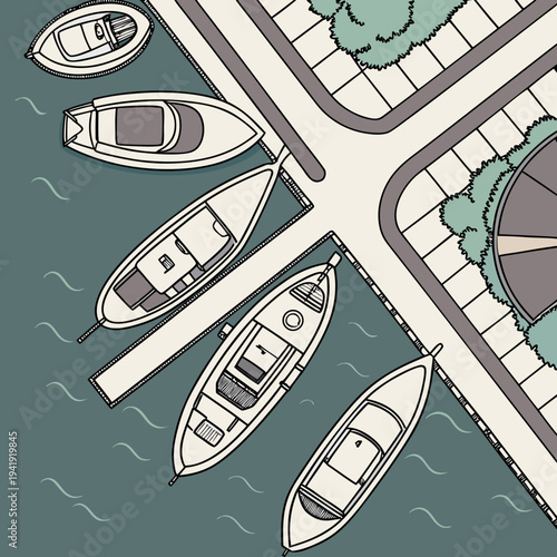 Overhead view of boats moored at a harbor next to a park and trees, depicting a serene waterfront scene