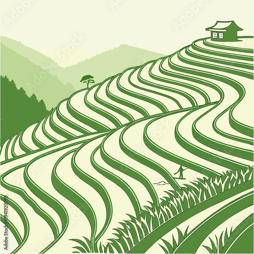 Stylized illustration of green rice terraces on rolling hills leading to a small house, with a lone figure working the fields