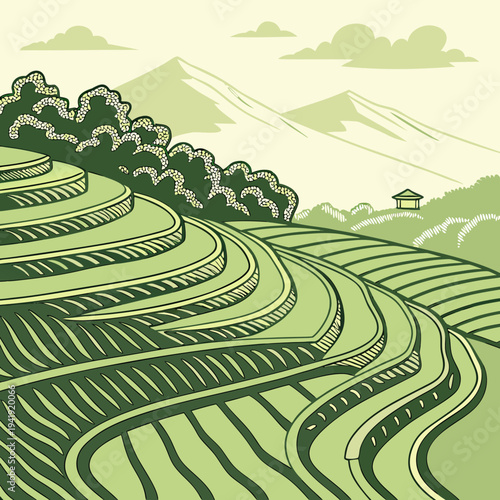 Stylized graphic illustration of lush green terraced landscape with mountains and clouds, featuring stylized trees and a distant hut