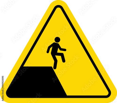 Yellow triangular warning sign for steep drop off or cliff edge risk with person falling