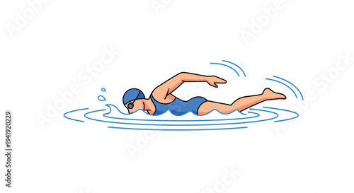 A female swimmer in a blue suit and cap performs the front crawl stroke with small water ripples on a white background.