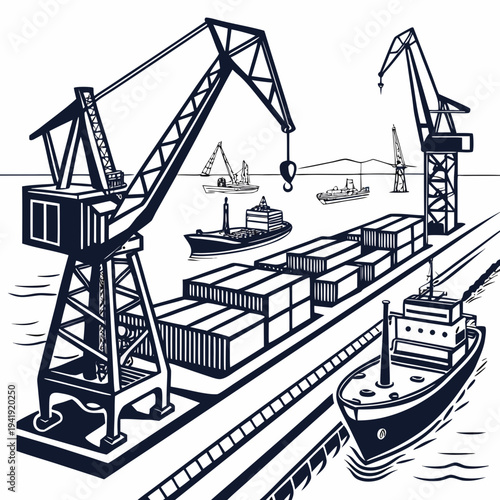 Busy shipping port with cargo cranes loading containers onto large cargo ships