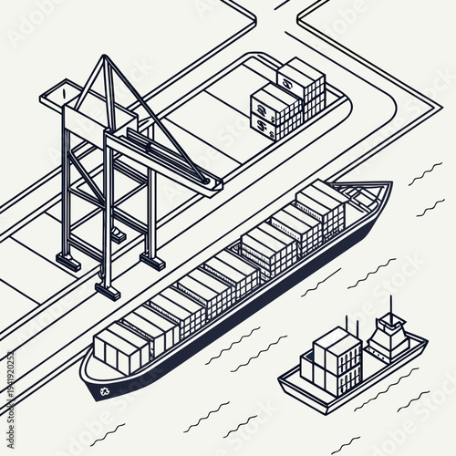 Isometric view of a cargo ship being loaded with containers at a port with a large crane