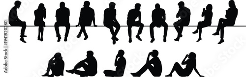 People sitting silhouettes collection with men and women on bench and ground poses isolated on white background, human interaction concept