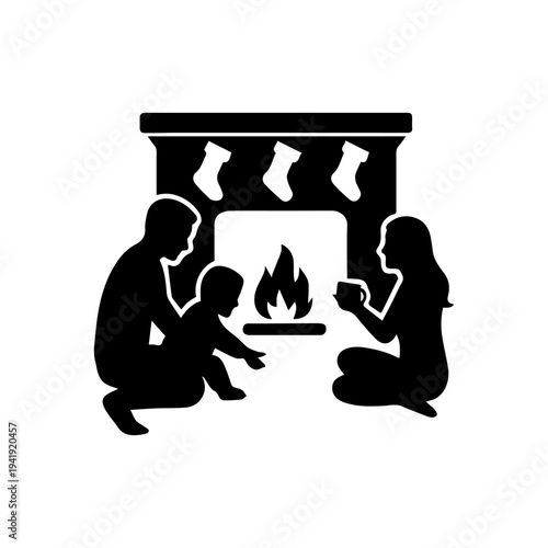 Family enjoying warmth by christmas fireplace and stockings