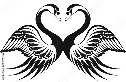 A minimalist vector graphic illustration of two swans forming a heart shape with their necks and wings
