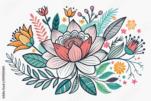 A colorful floral illustration featuring a large pink and white flower surrounded by various leaves and smaller flowers in a vibrant and playful style.