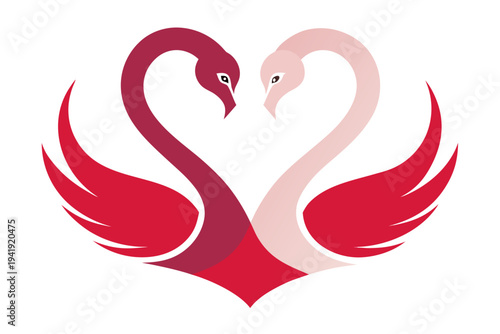 A vector graphic illustration of two swans forming a heart shape with their necks and wings in red and pink hues