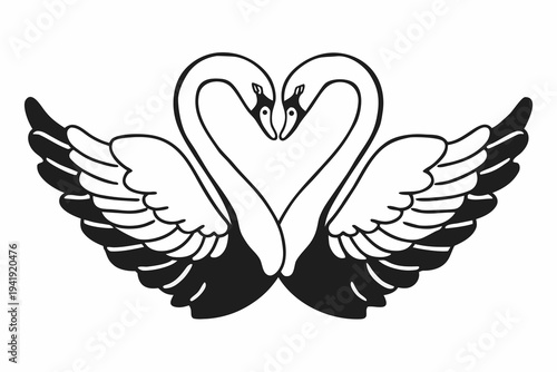 A minimalist vector graphic of two swans forming a heart shape with their necks and wings in a romantic illustration